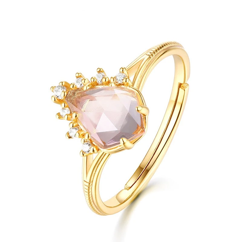 Light Luxury Pink Crystal Hibiscus Stone Sterling Silver Ring Women