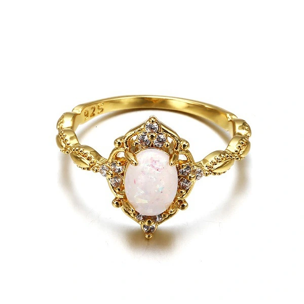 Plated 18k yellow gold opal opal ring European and American cross-border exclusive silver female jewelry