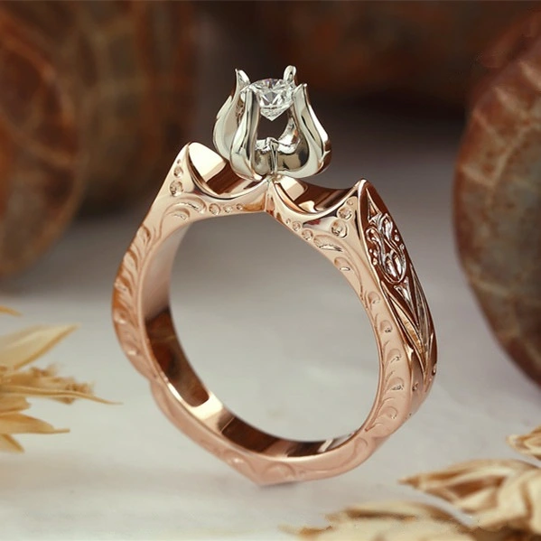 Sanjie wish new creative lotus color simulation diamond ring European and American lotus flower flame engagement ring