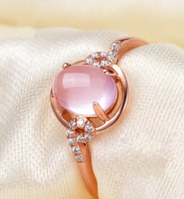 Furong stone powder crystal gemstone ring rose gold lady ring Japanese and Korean version of the index finger tail ring opening silver ring