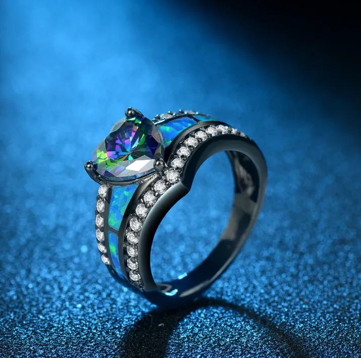 Colorful zircon heart ring female European and American blue fire ring