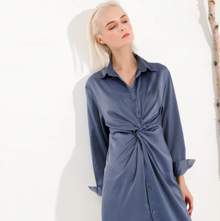 European station new elegant intellectual satin cross pleated shirt collar tie shirt dress female QD907