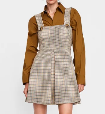 Autumn mix and match style must-have ladies autumn and winter plaid straps slim dress zipper