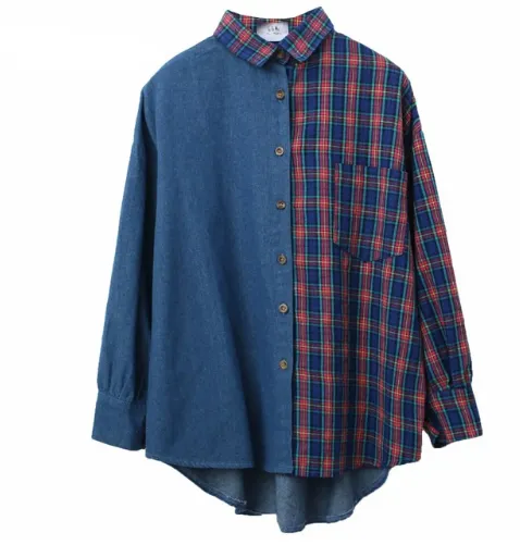 Oversize Blouse Women Denim Plaid PatchWork Loose Fit Casaul Shirt