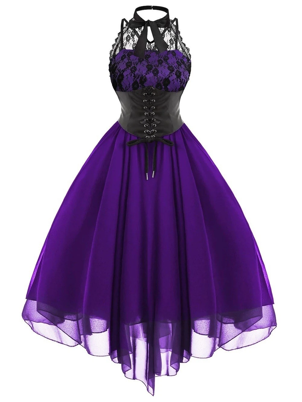 Contrasting Color Personality Chiffon Solid Color Retro Dress
