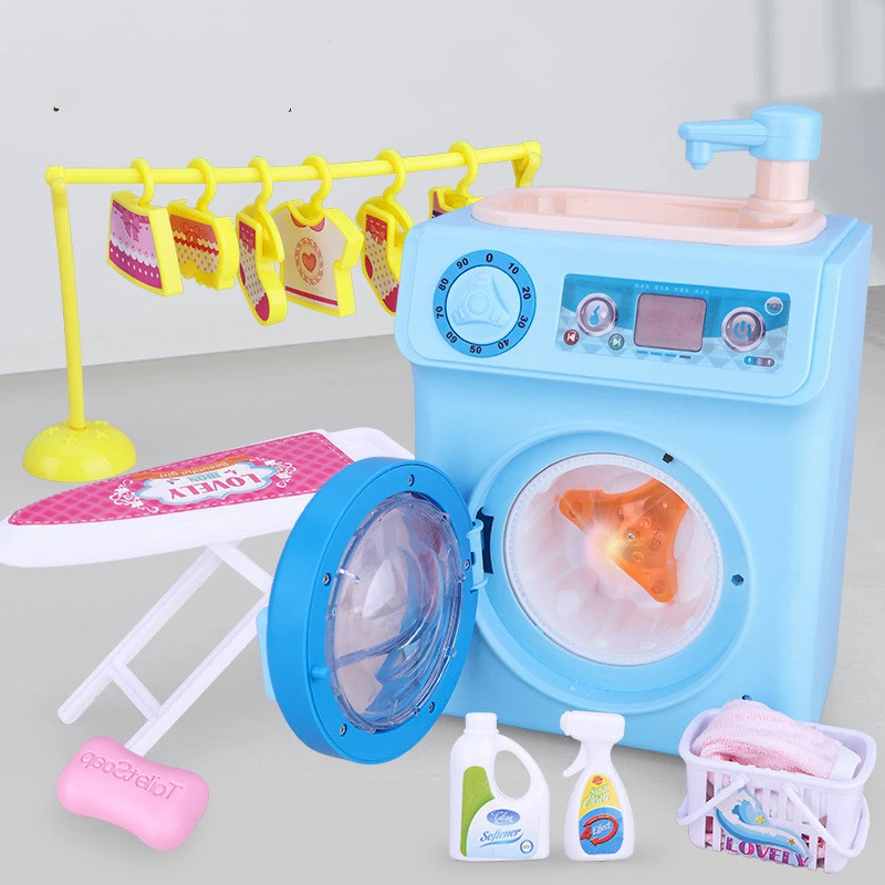 Boy and girl play house washing machine kitchen toy