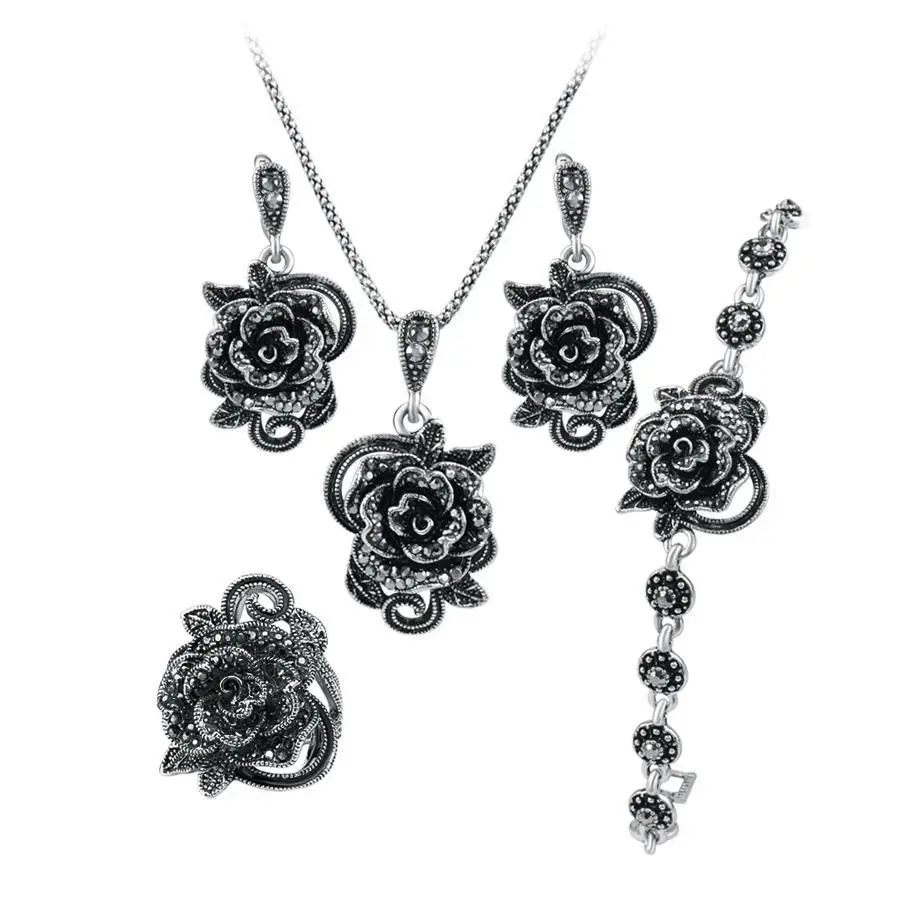 Unique creative four-piece set of inlaid gray diamond flower high-end set jewelry