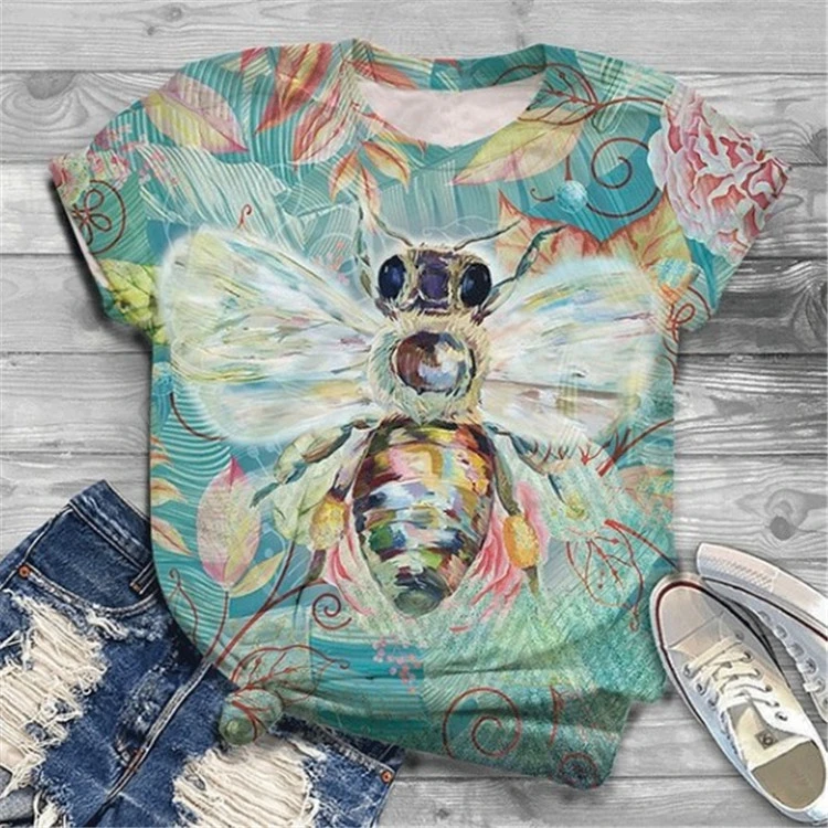 Bee Print Casual Round Neck Loose Short Sleeve Women's T-Shirt