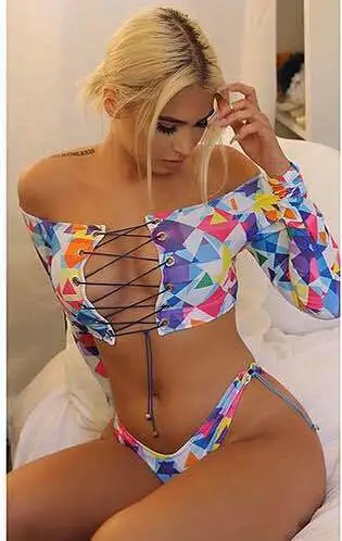 Zinc's new digital printing multi-color long sleeved collar chest strap shorts suit 16314 bikinis