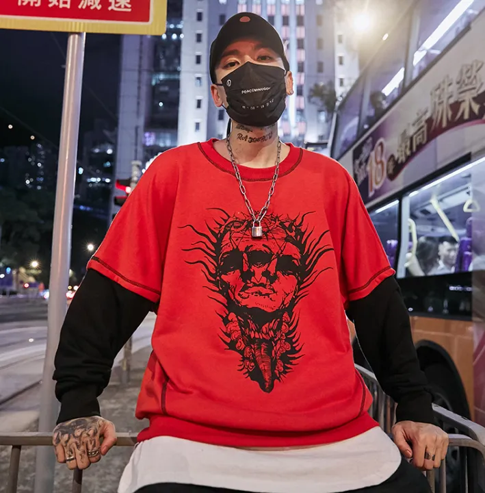 European and American street hip hop street fashion fake two-piece sweater male loose trend Harajuku bf wind OVERSIZE hip-hop coat