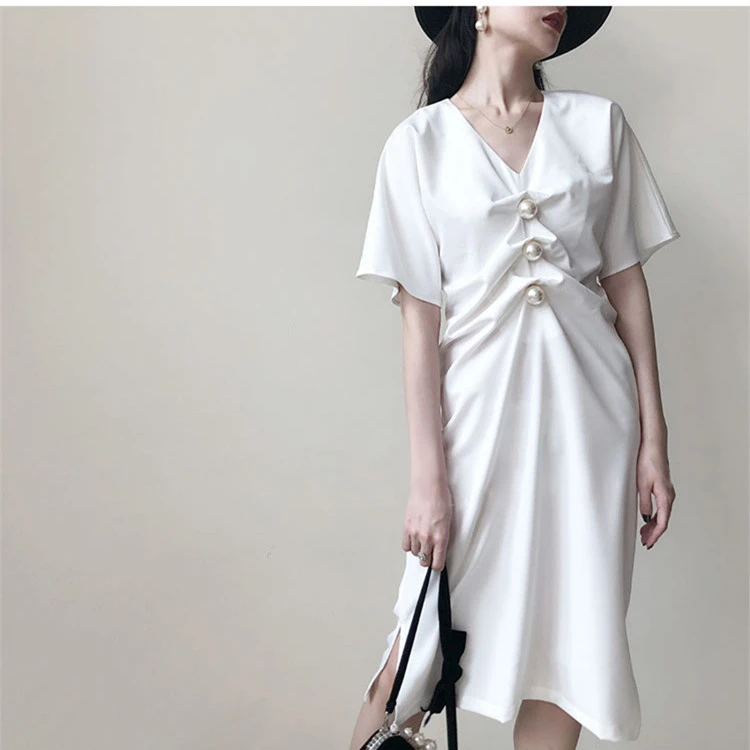 Summer women''s short-sleeved V-neck high waist cold pure color dress fold nail beads elegant little white skirt 1033