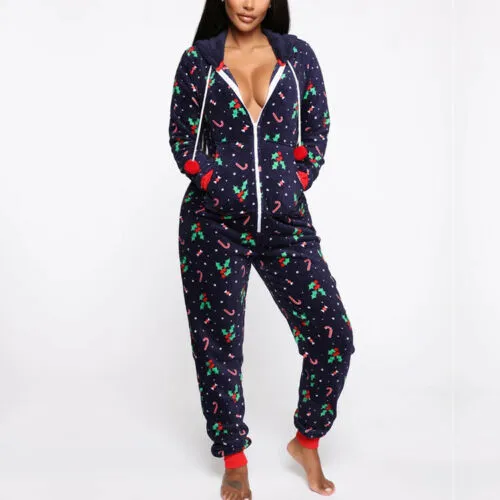 Christmas print hooded jumpsuit