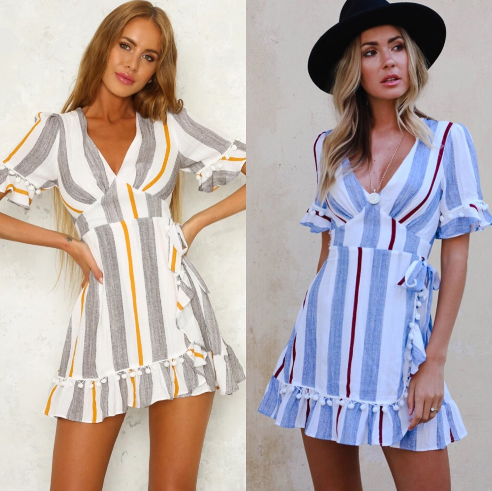 Color strip waist stitching short sleeve dress