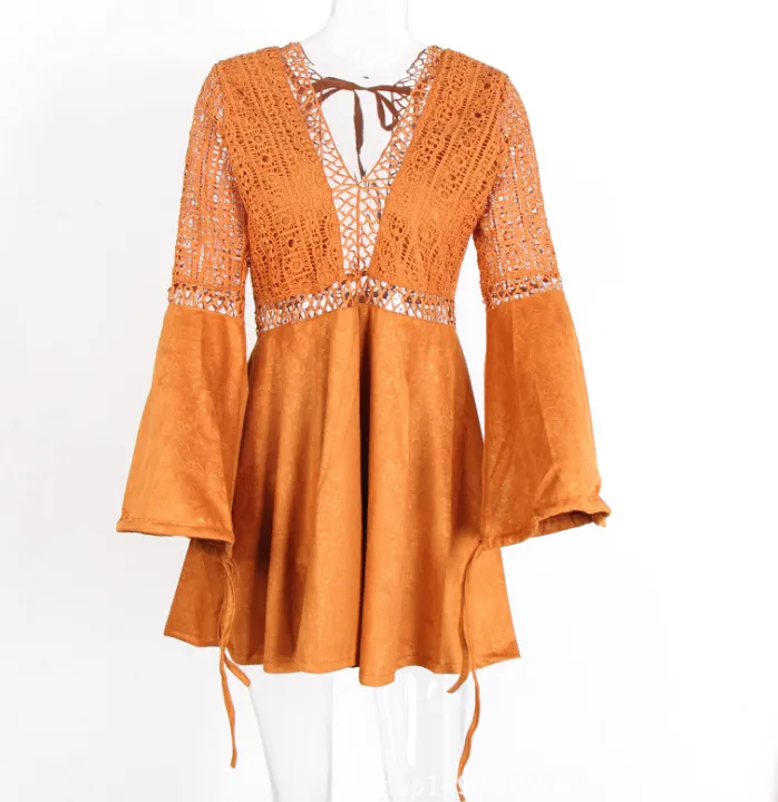 Sexy lace up v neck suede lace dress