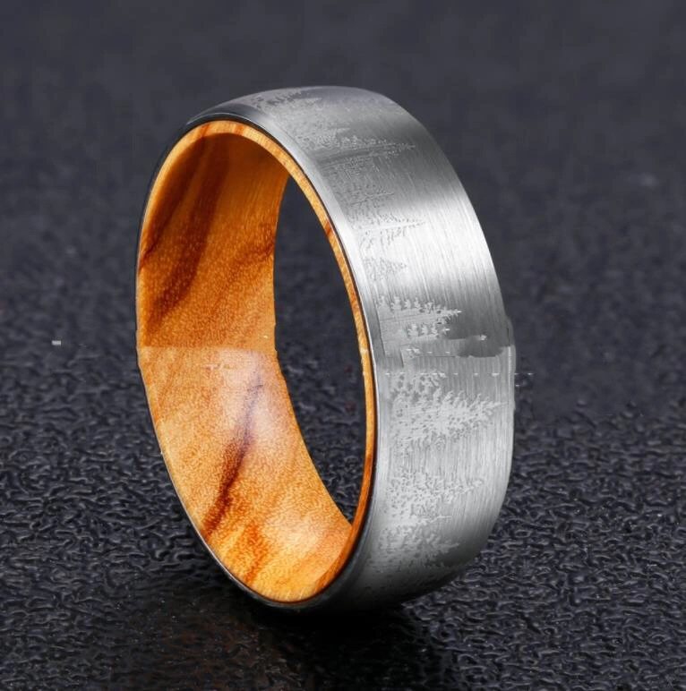 Pine Wood Polished Tungsten Ring