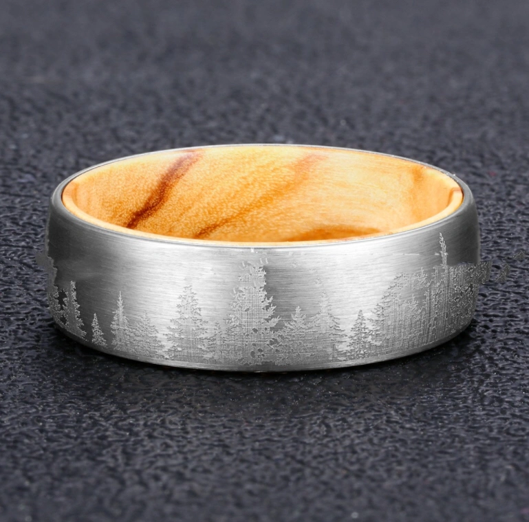 Pine Wood Polished Tungsten Ring