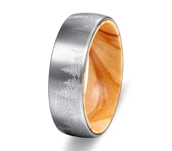 Pine Wood Polished Tungsten Ring