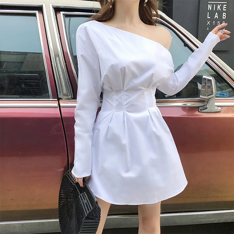 Early autumn temperament 2021 new waist slimming off-the-shoulder long-sleeved pleated waist white shirt dress
