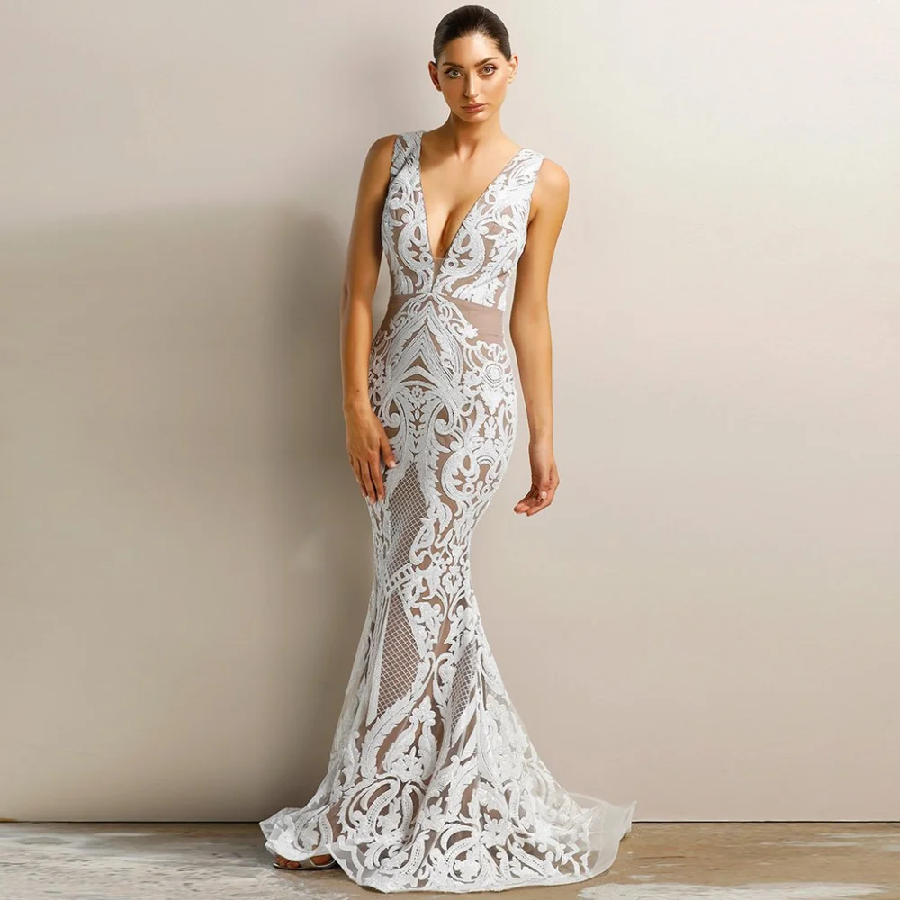 Sexy deep V sleeveless dress long skirt slim evening dress