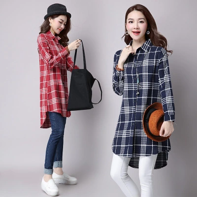 Comfortable large size thin cotton dress plaid slim long shirt