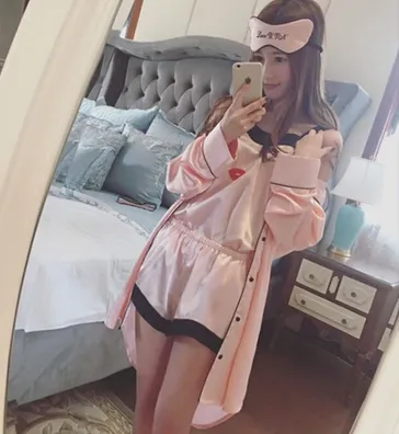 Summer simulation silk girl pajamas long-sleeved shorts suspenders robe casual eyelashes four-piece home clothes to send eye mask