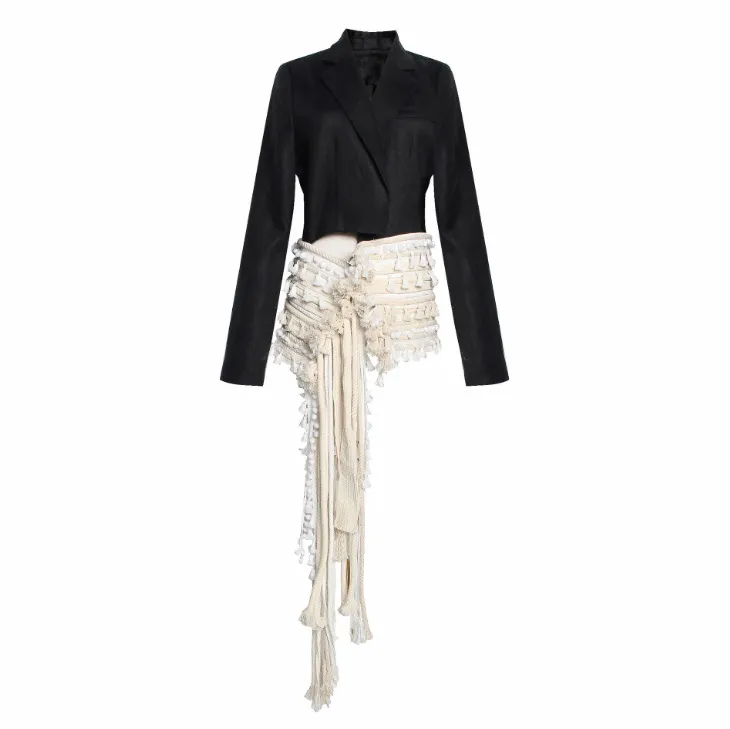 Short jacket spring new fur ball tassel straps stitching single-breasted cotton and linen suit women