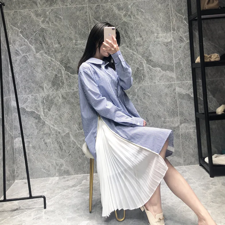 2021 spring and summer shirts have your signature Striped split pleated long-sleeved shirt women S8787