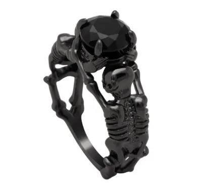 Punk skull style black heart zircon ring