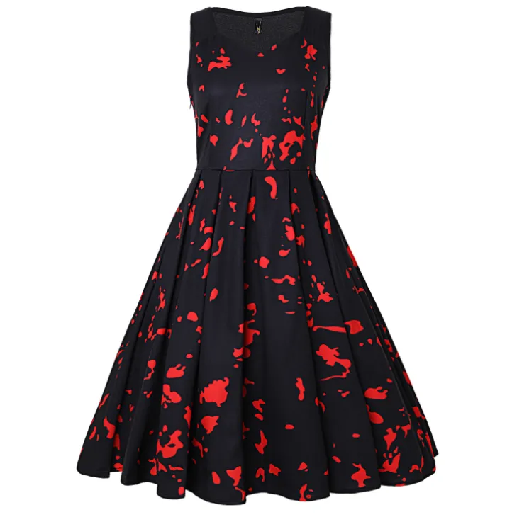 Printed sleeveless slim retro big dress