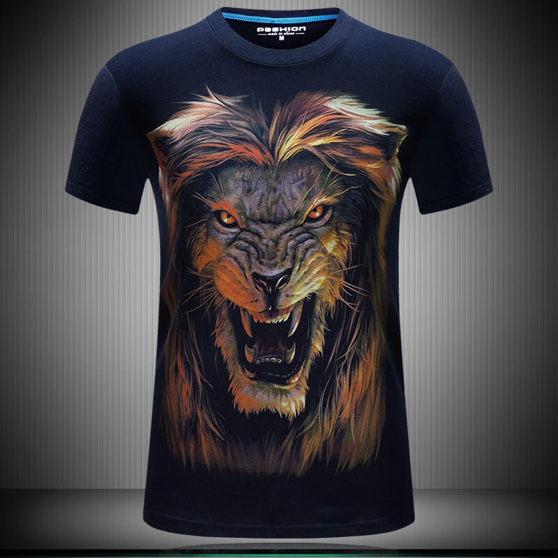 3D short-sleeved men's T-shirt stereo domineering personality round neck T-shirt has XL - golden lion