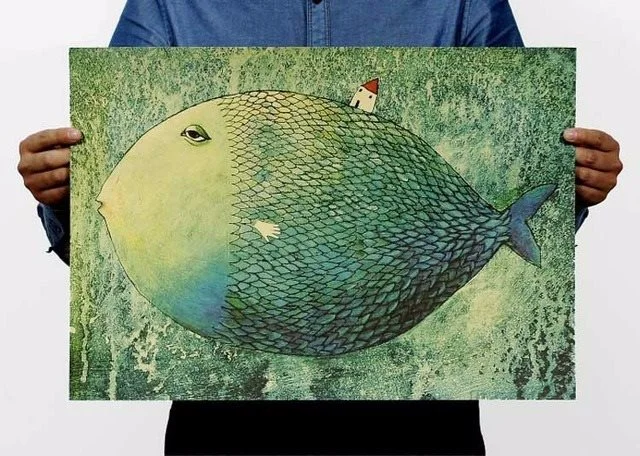 Big fish small house vintage kraft paper poster interior decoration painting