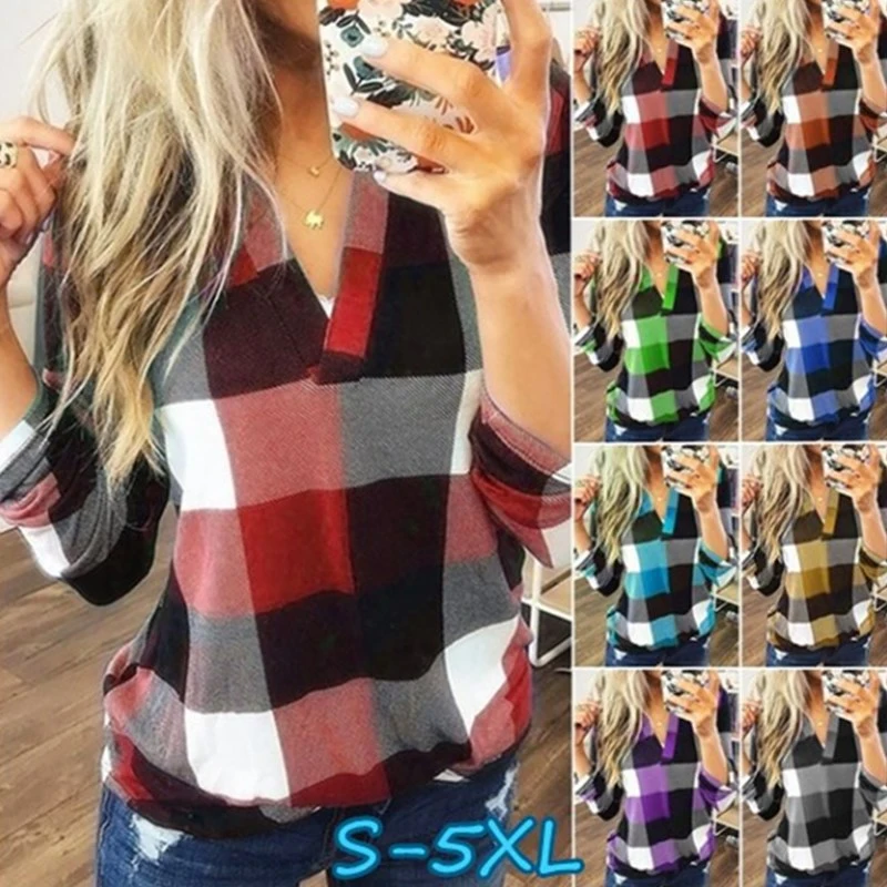 Plaid Printed V-Neck Long Sleeve T-Shirt