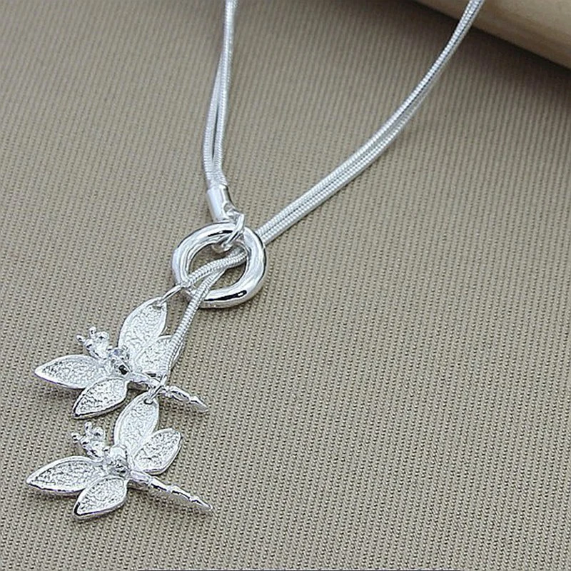 Silver plated double dragonfly necklace