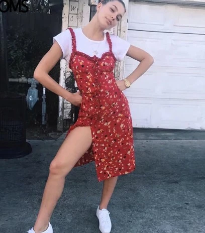 Aproms Sweet Ruffles Floral Print Spaghetti Strap Dress Summer Buttons Split Bodycon Dress 90s Girls Streetwear Dresses Vestidos