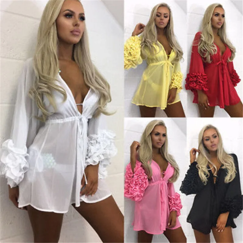 Women Sexy Beach Cover-up Long Puff Sleeve Covers up Bathing Suit Summer Beach Wear Pareo Swimwear Mesh Beach Dress