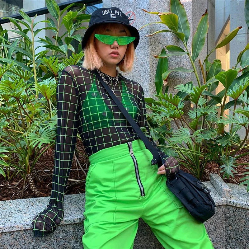 Neon Grid Mesh Top