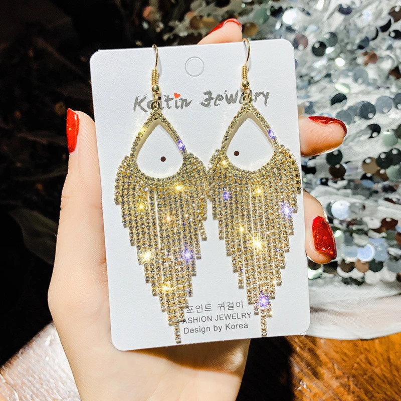 Temperament Long Full Diamond Tassel Earrings