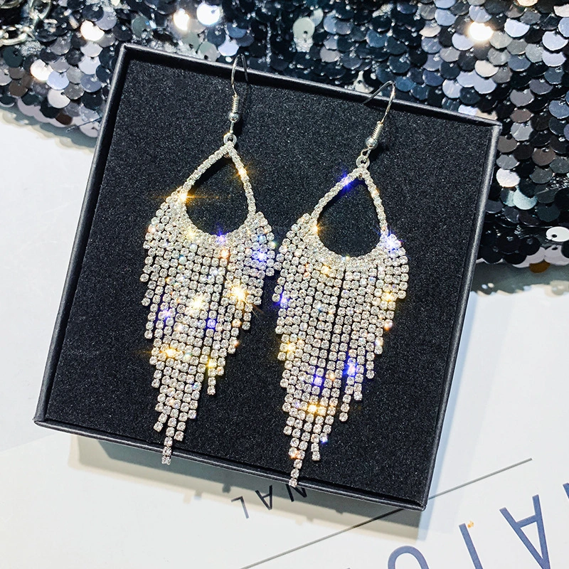Temperament Long Full Diamond Tassel Earrings