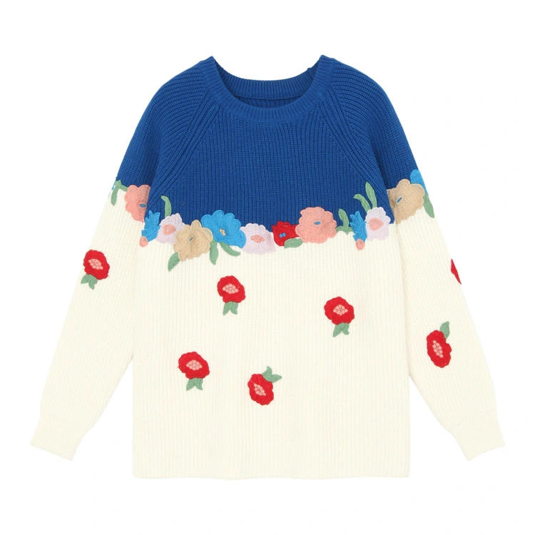 Sweater female sweet embroidery flower raglan sleeves contrast color shirt