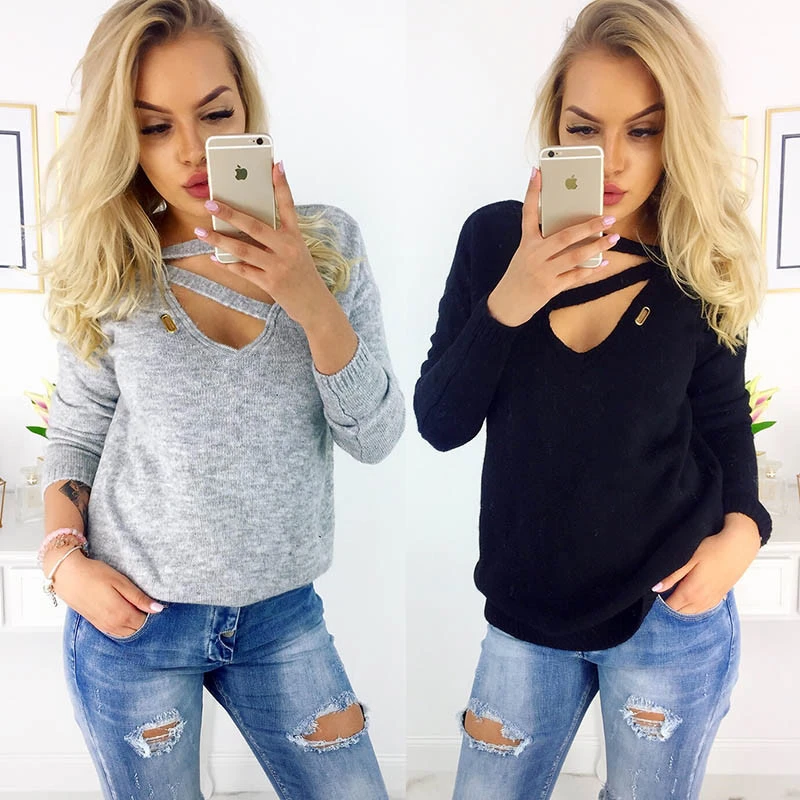 European and American wool V-neck long-sleeved T-shirt tops