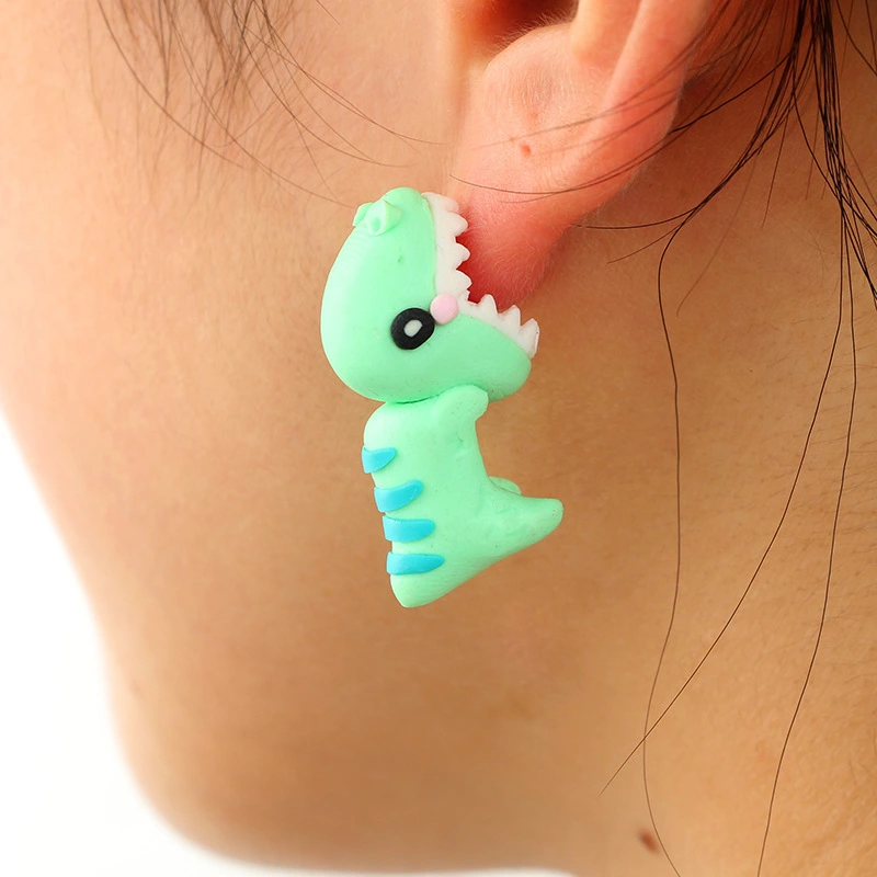 Handmade Tyrannosaurus Rex Cute Blue Soft Pottery Earrings