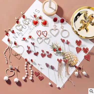 925 silver needle love earrings peach heart pearl love earrings temperament accessories personality simple red heart-shaped earrings