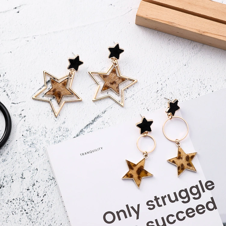 Korean version of the sexy leopard geometry stars circle earrings sweet size five-pointed star ring earrings