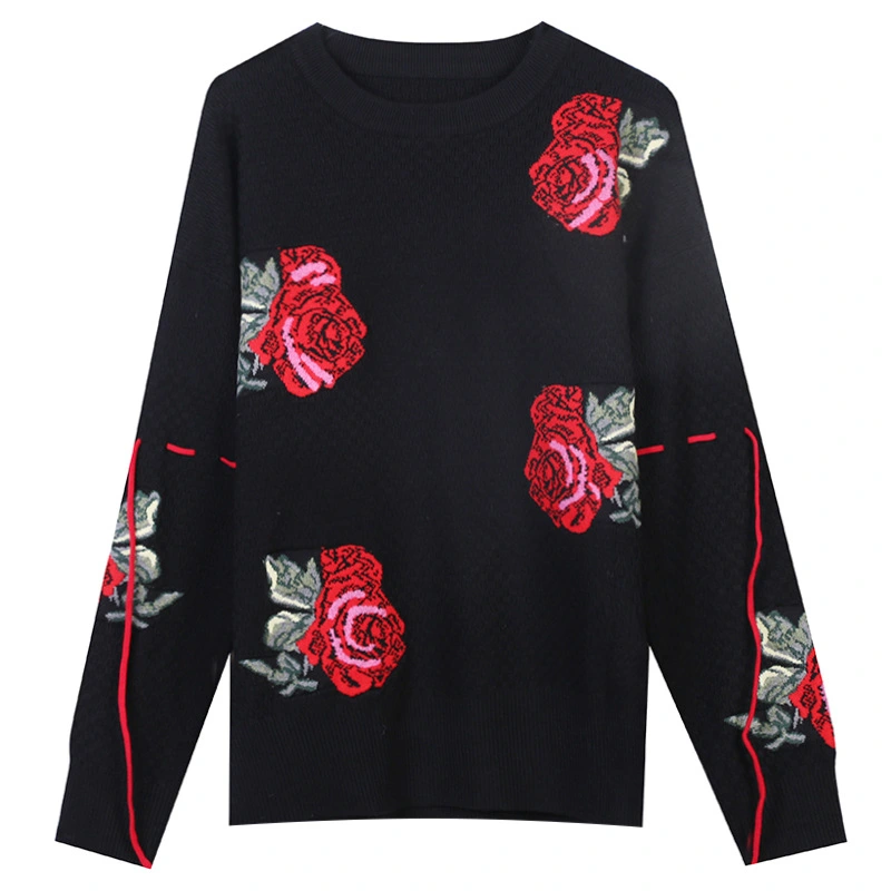 T-Shirt Black Big Rose Side Split Lace Up Sweater Girl