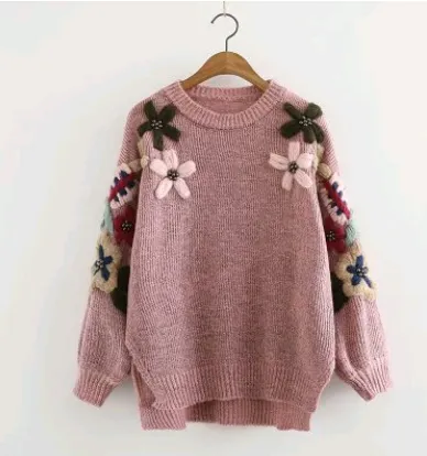 2021 autumn new versatile knit round neck flower embroidery long-sleeved round neck pullover sweater women