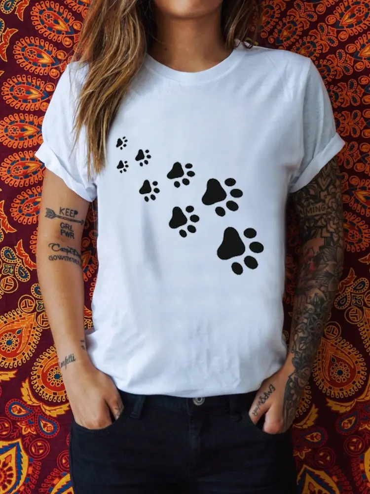 Geometric footprint pattern printed ladies short-sleeved T-shirt top