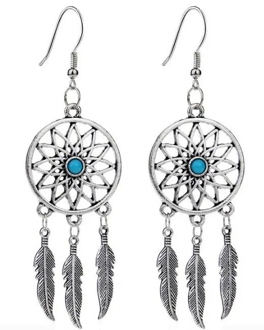 Silver Plated Bohemia Feather Dream Catcher Dreamcatcher Drop Earrings