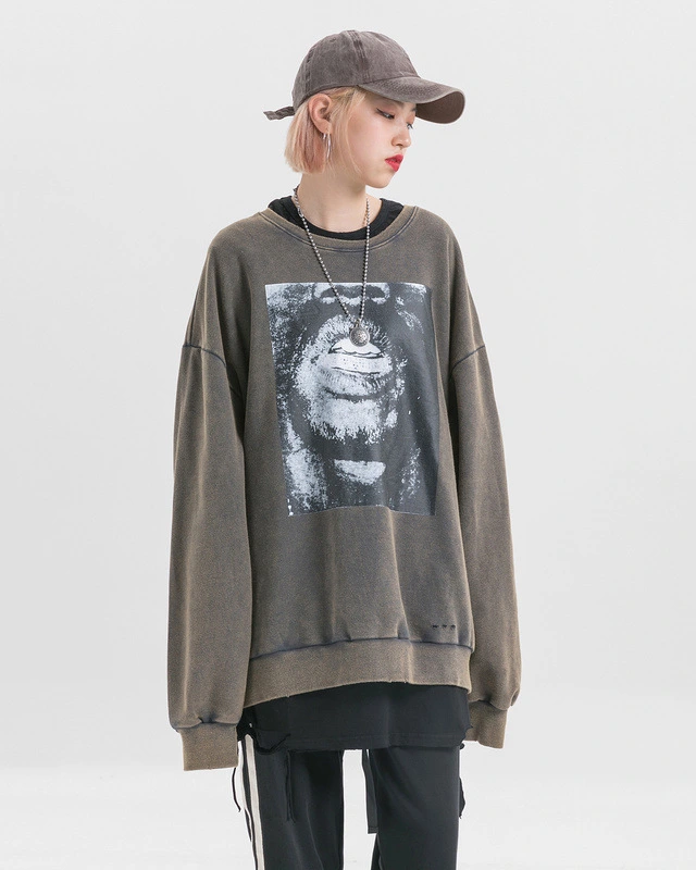 Retro old INS Europe and America high street hip hop loose oversize lazy printed men and women hooded sweater