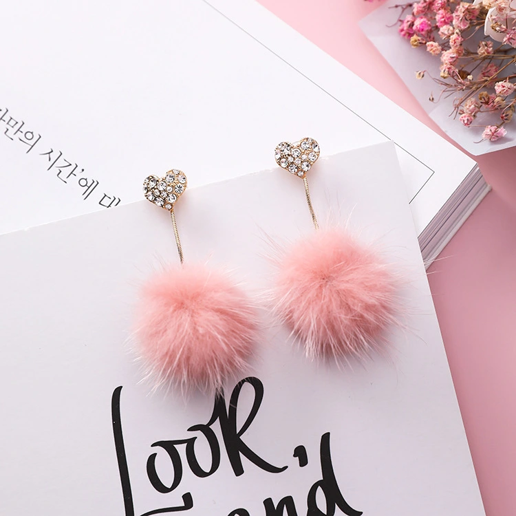 Full diamond love color hairy ball earrings sweet heart-shaped temperament long section pom-pom earrings fashion earrings