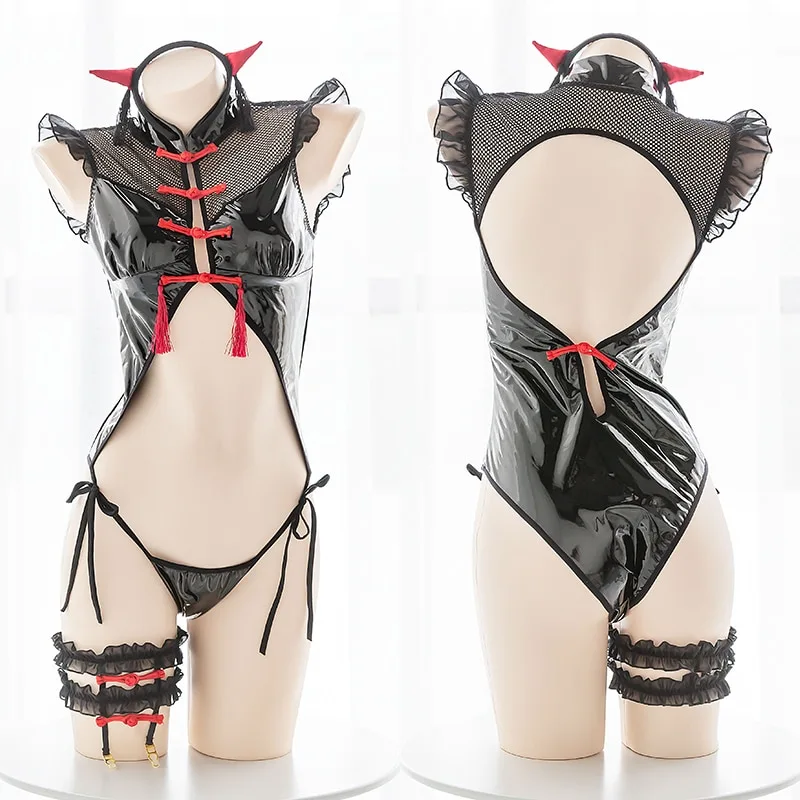 Patent leather little devil one-piece suit